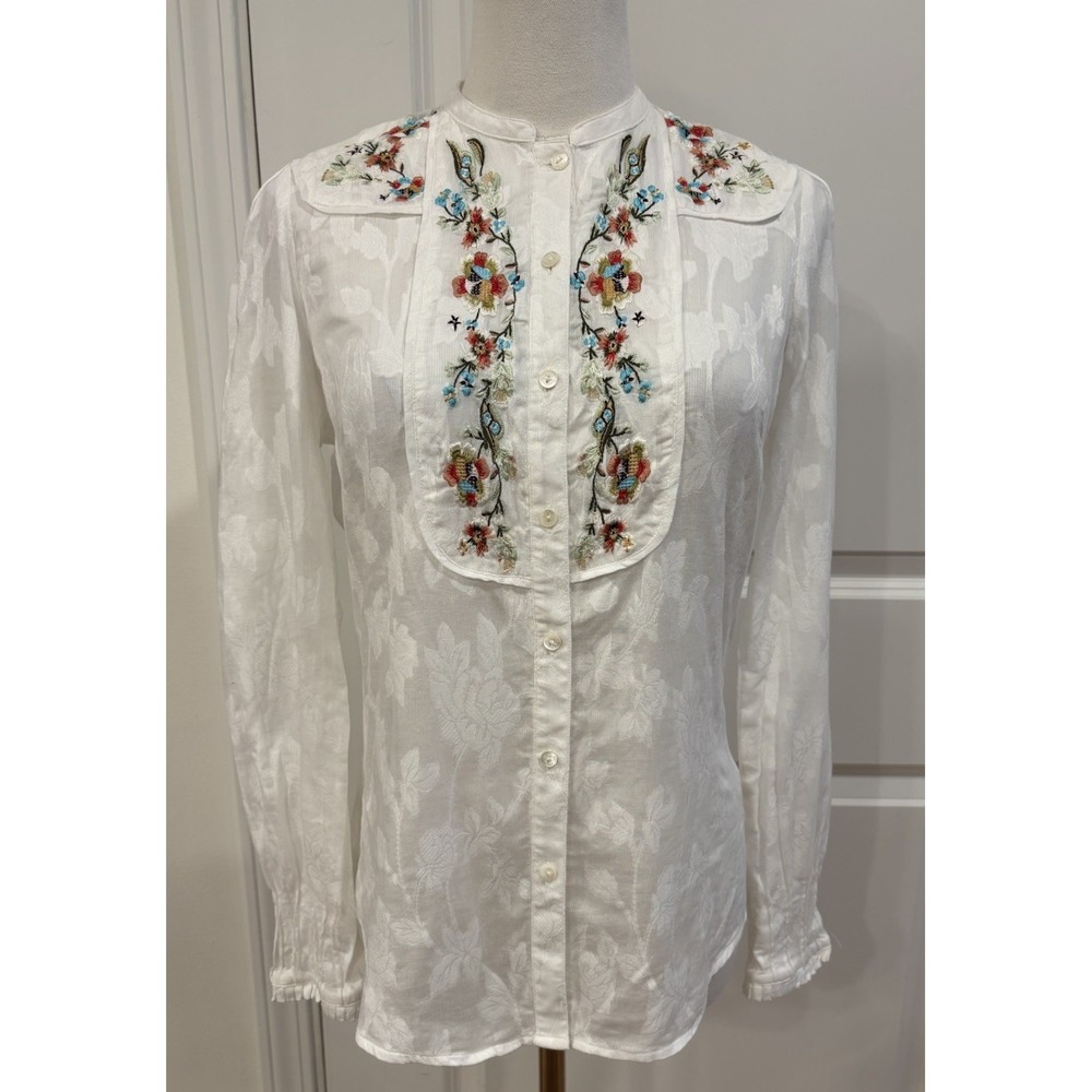 ROBERT GRAHAM White Burnout Embroidered Floral Accent Button Up Top Women's XS